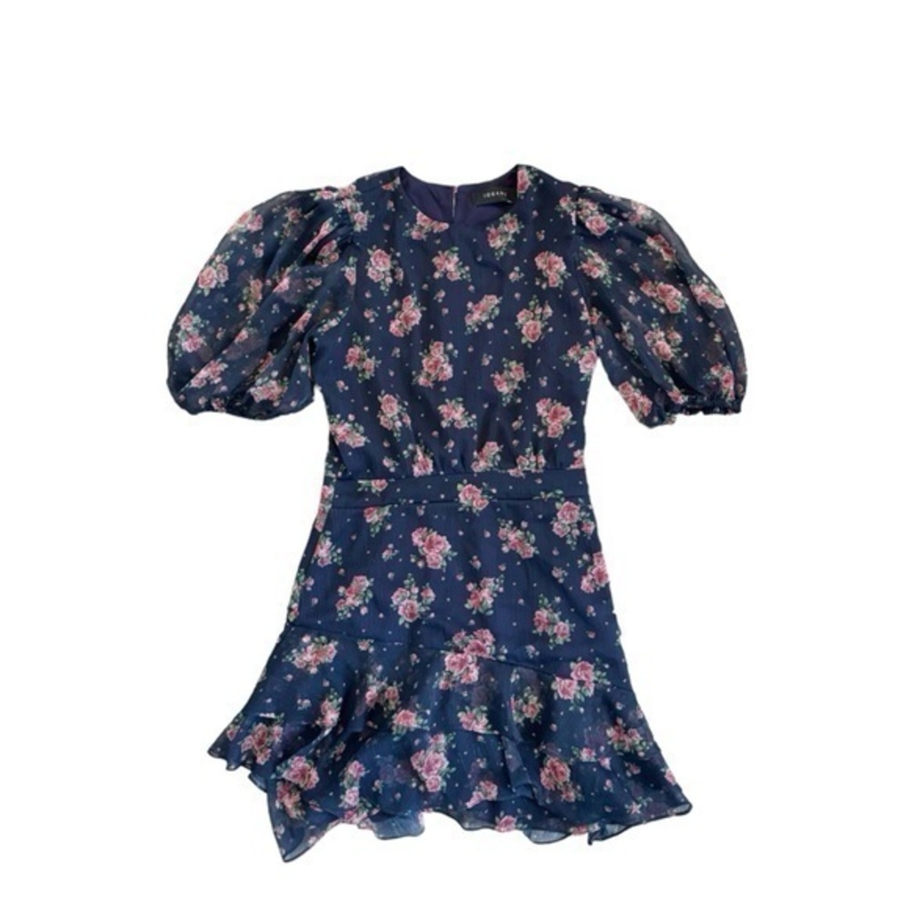 Iorane Navy Blue Pink Floral Puff 3/4 Sleeve‎ Knee Length Mini Dress